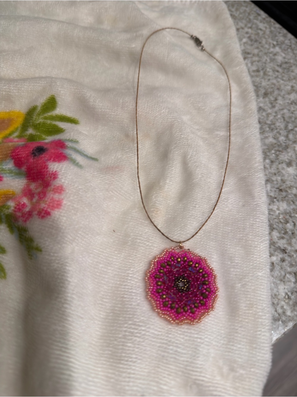 Handmade Pink Beaded Floral Pendant Necklace